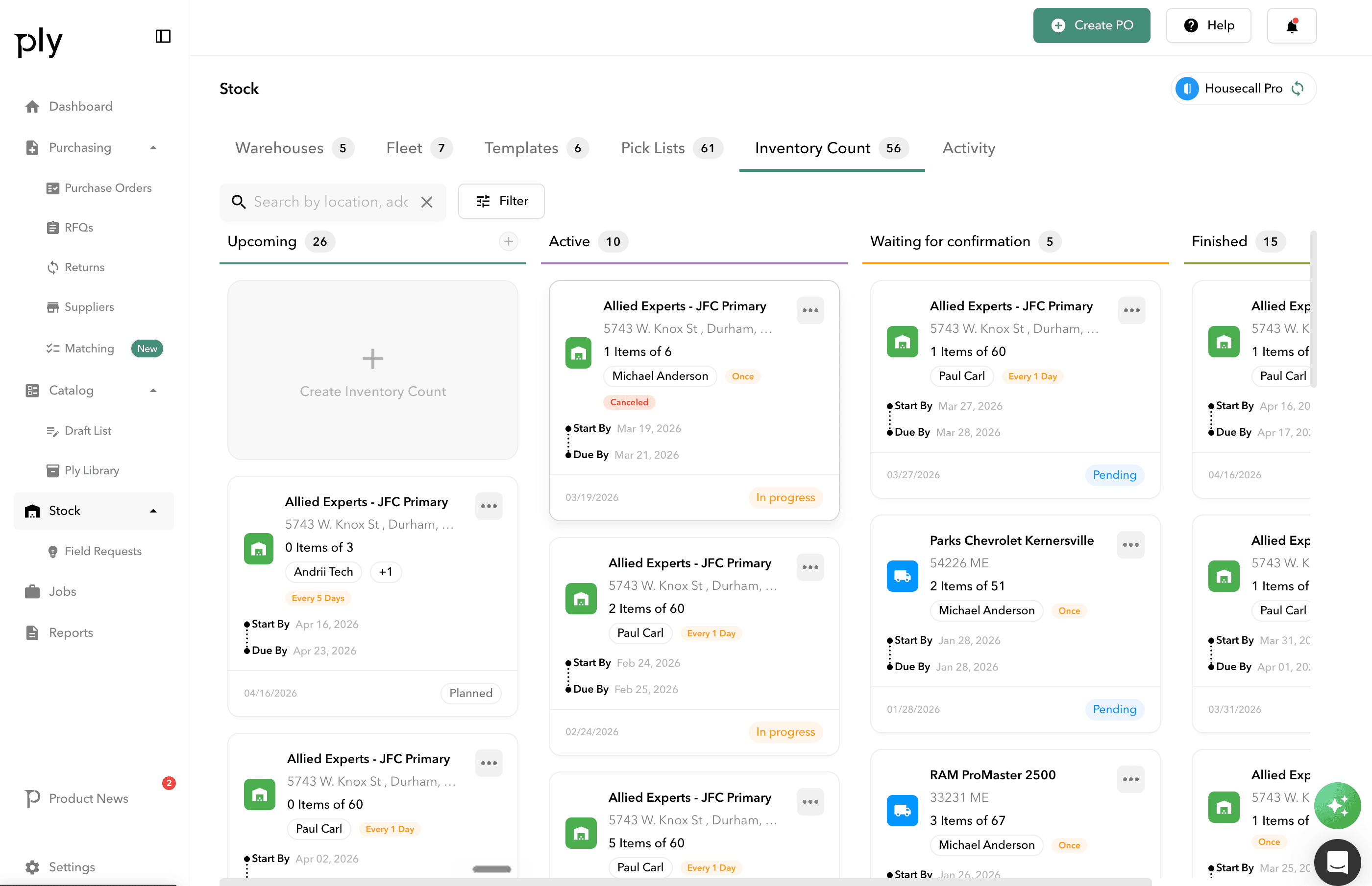 Cycle count tasks across Upcoming, Active, Waiting, Finished