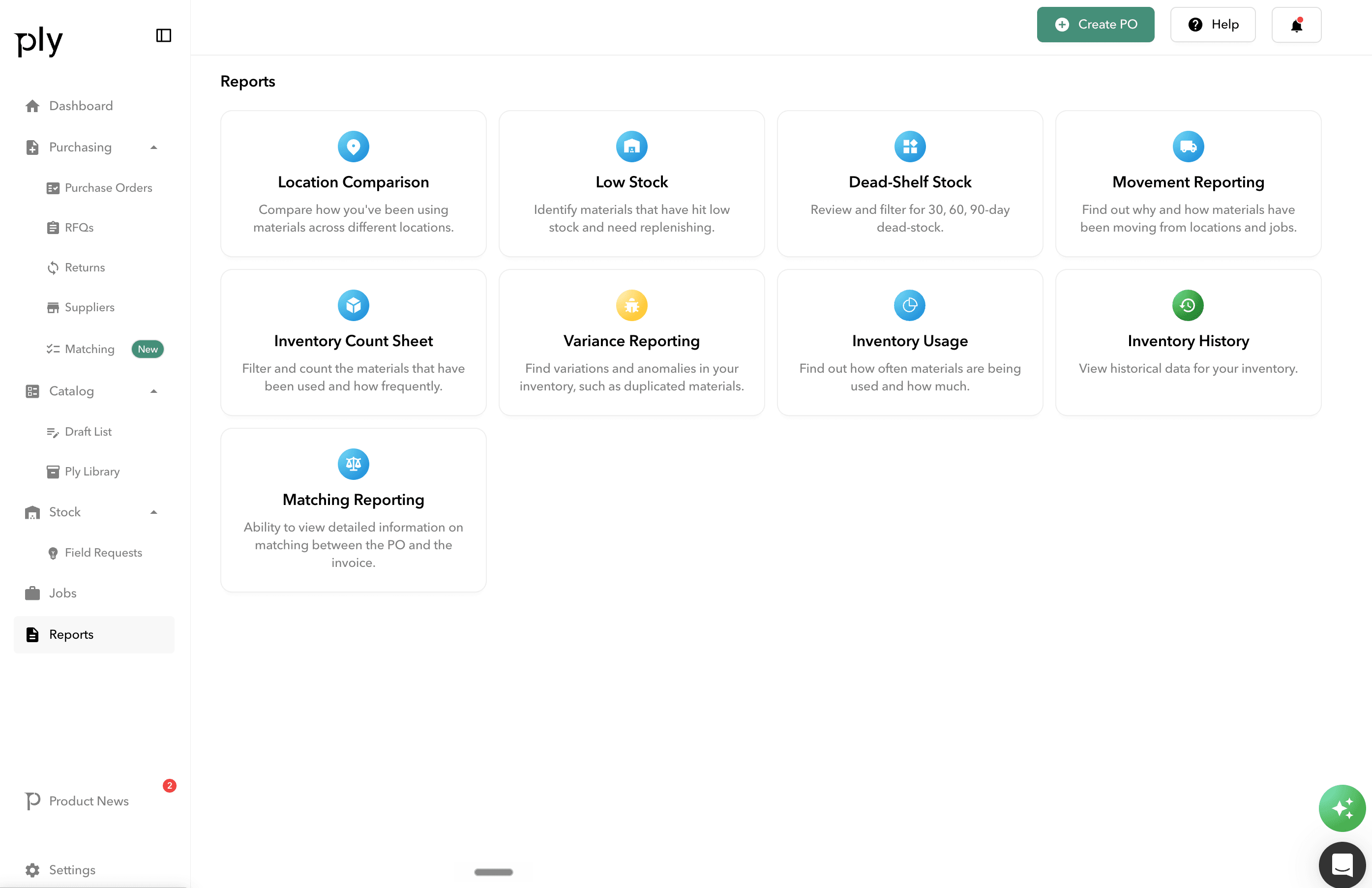 Reports overview — location, stock, usage, history, matching