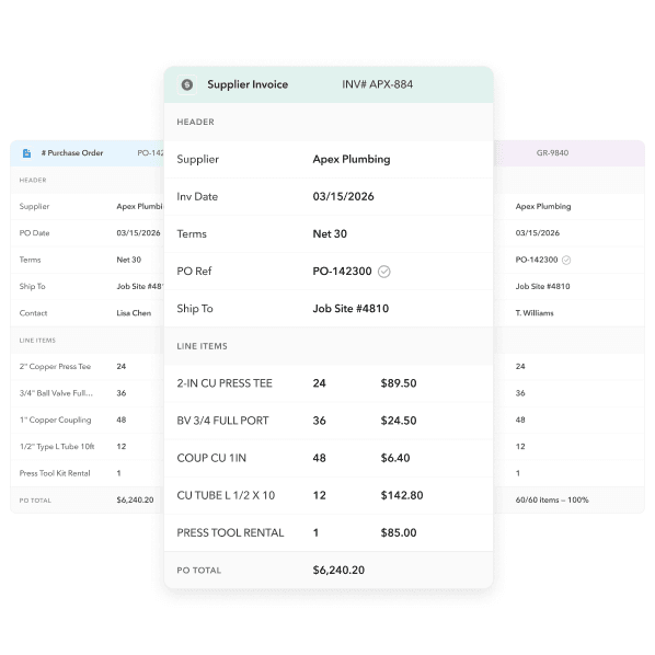 Ply 3-Way Matching: purchase order, supplier invoice, and goods receipt aligned automatically