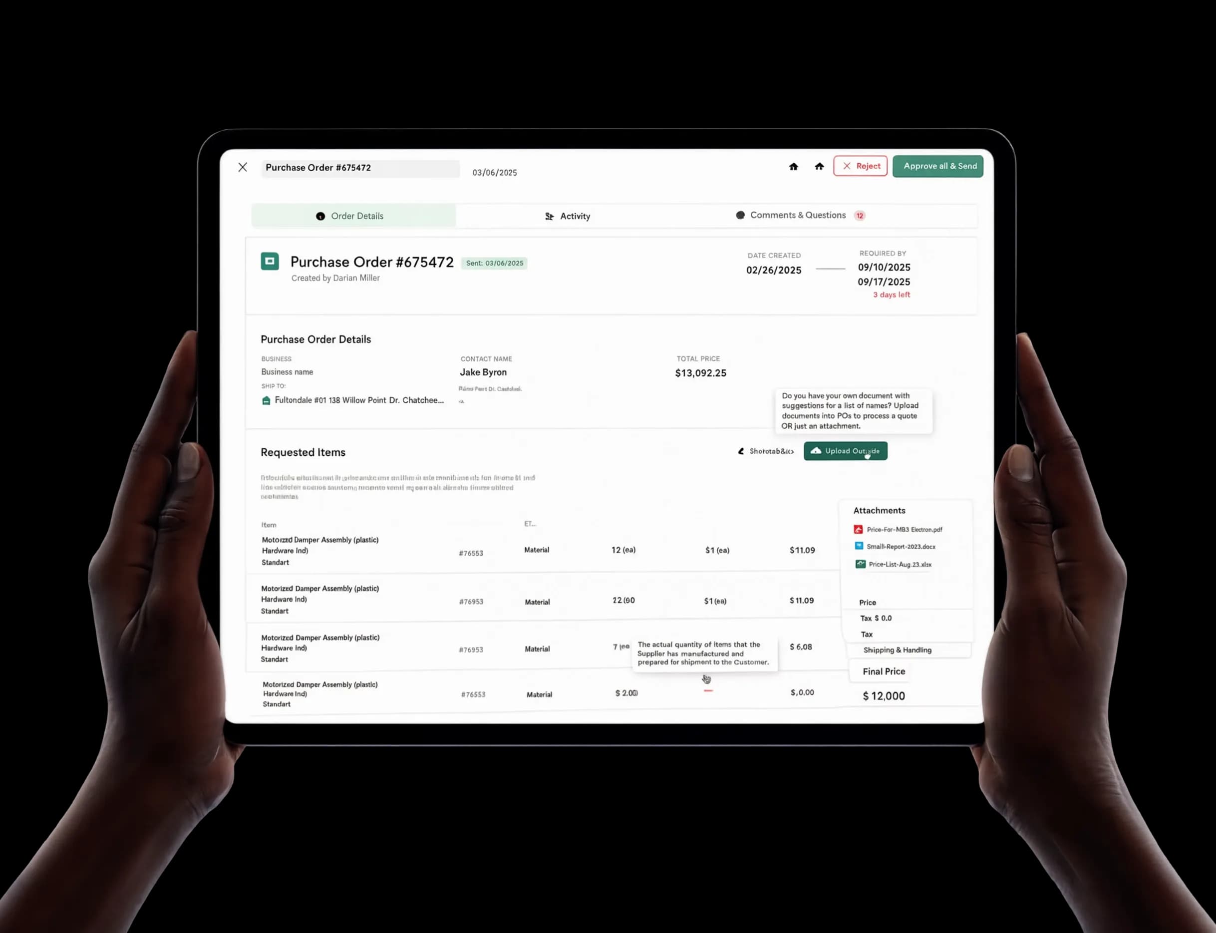 Ply purchase order shown on a tablet