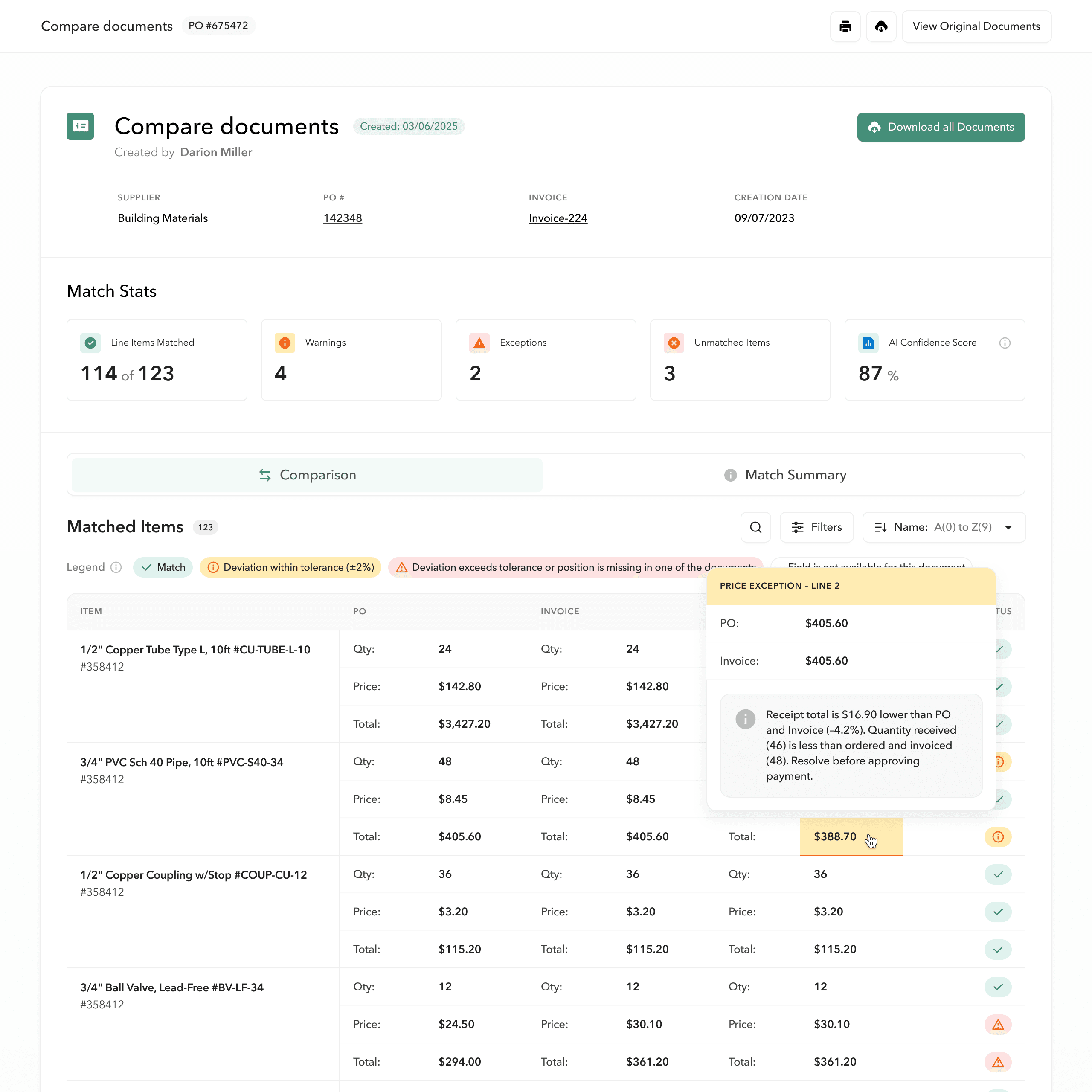Comparing PO, invoice and delivery receipt side by side in Ply