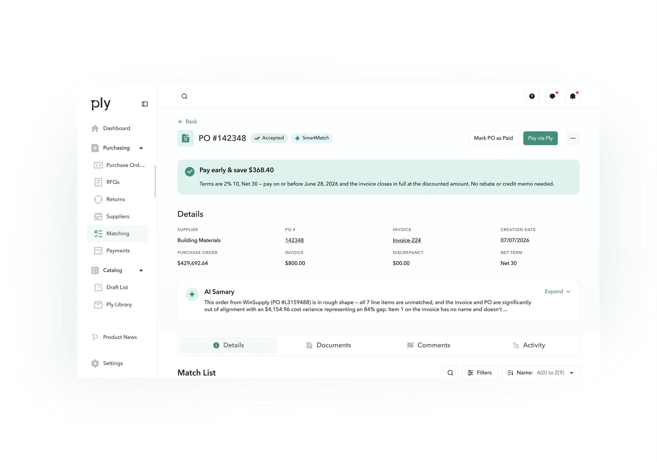 A matched purchase order in Ply showing supplier, invoice, discrepancy and net terms, with a Pay via Ply button.