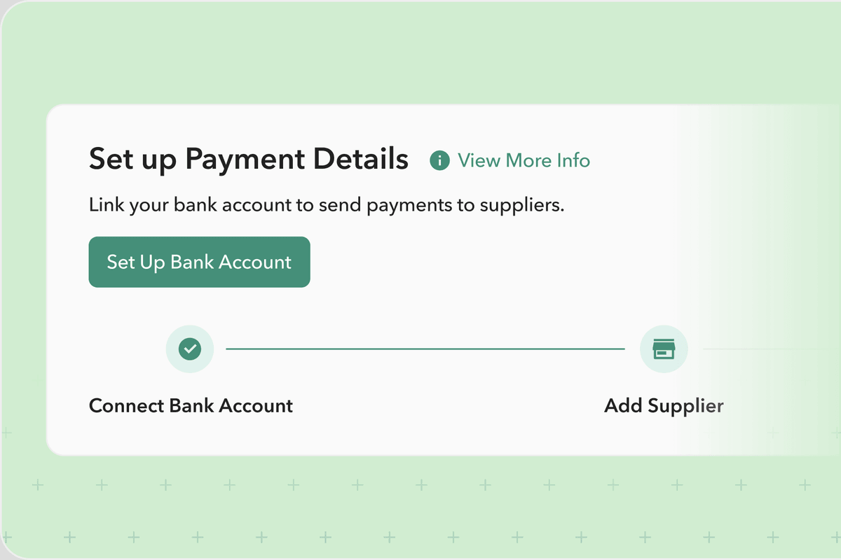 Ply's Set up Payment Details panel, with a Set Up Bank Account button and a two-step progress track from Connect Bank Account to Add Supplier.