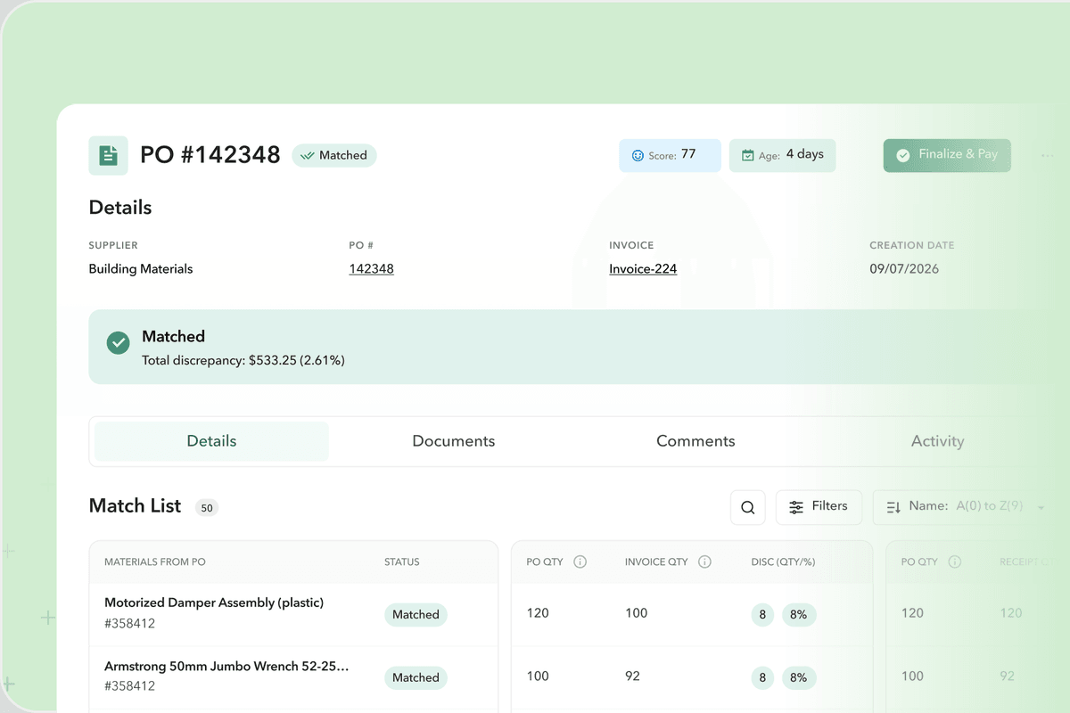 A matched purchase order in Ply — PO #142348 from Building Materials, marked Matched with a $533.25 discrepancy — showing a Finalize & Pay button above the line-item match list.