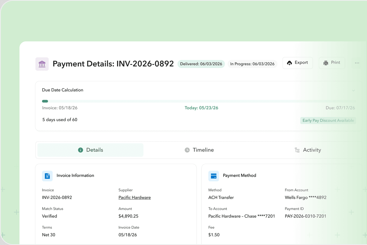 Payment details for invoice INV-2026-0892 in Ply, showing it delivered by ACH transfer from a Wells Fargo account against a Net 30 invoice, with due-date tracking and a $1.50 fee.