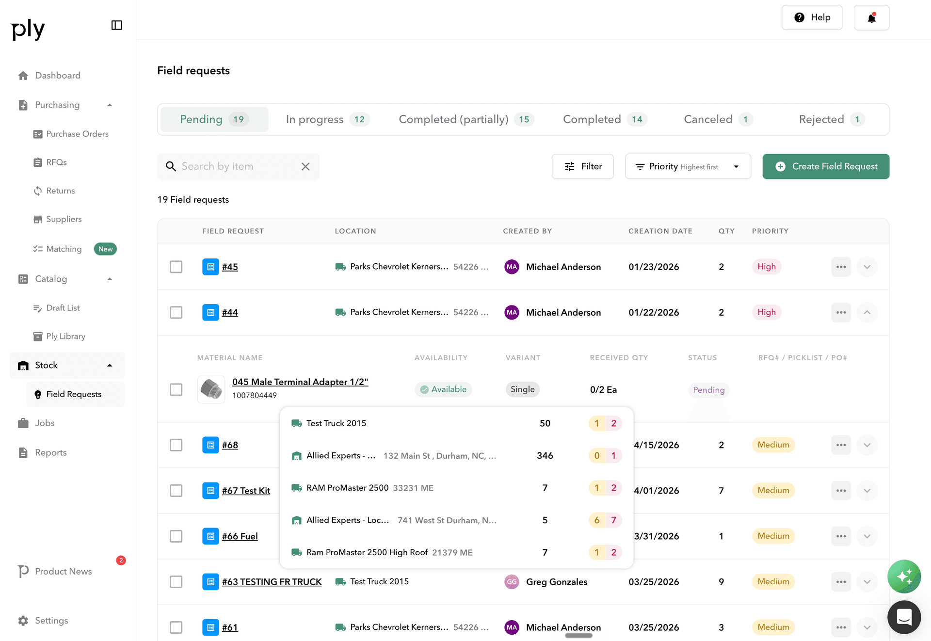 Field requests dashboard — pending, in progress, completed queues with priority