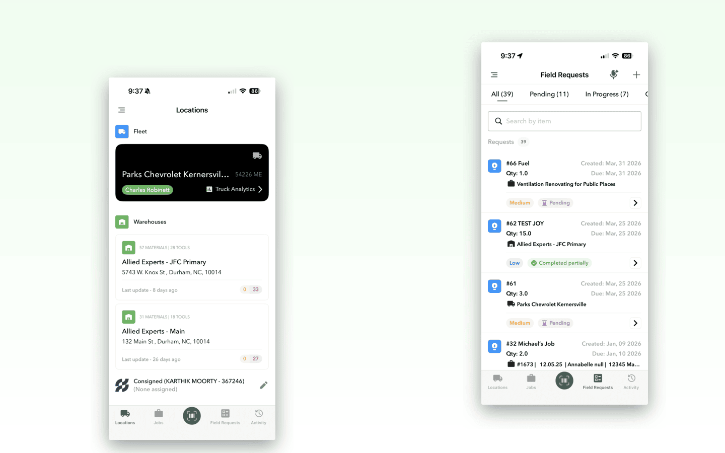 Mobile tech app — locations + field requests on the truck