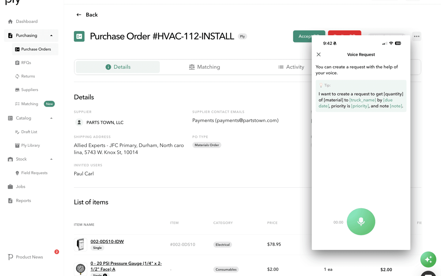 Voice PO creation — Purchase Order detail with voice request UI