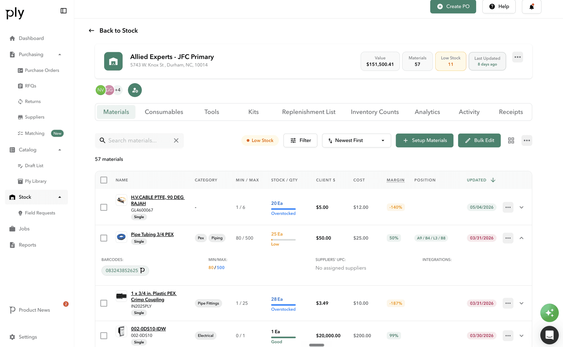 Smart min/max — stock list with min/max column, low-stock + overstock badges