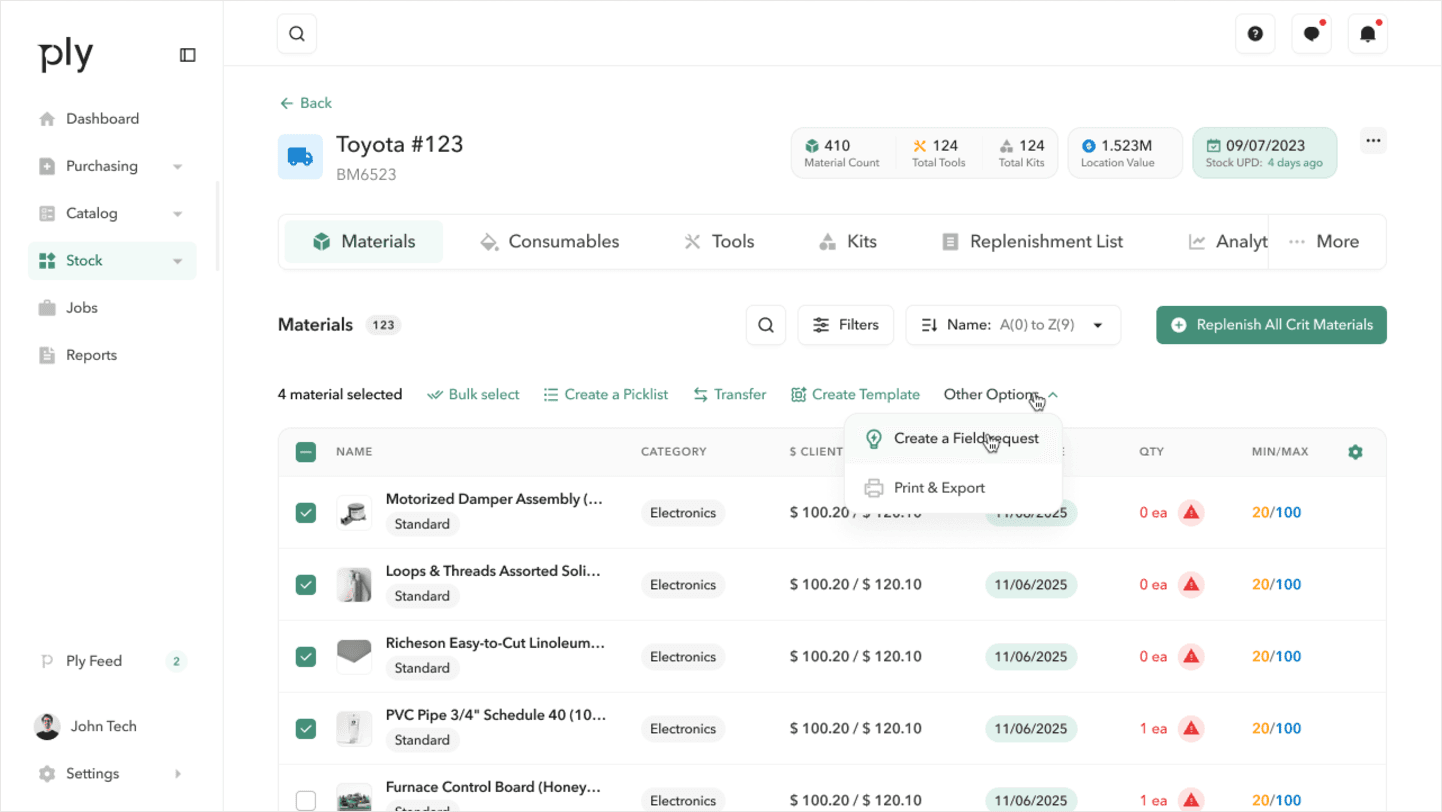 Real-time truck stock with replenishment status