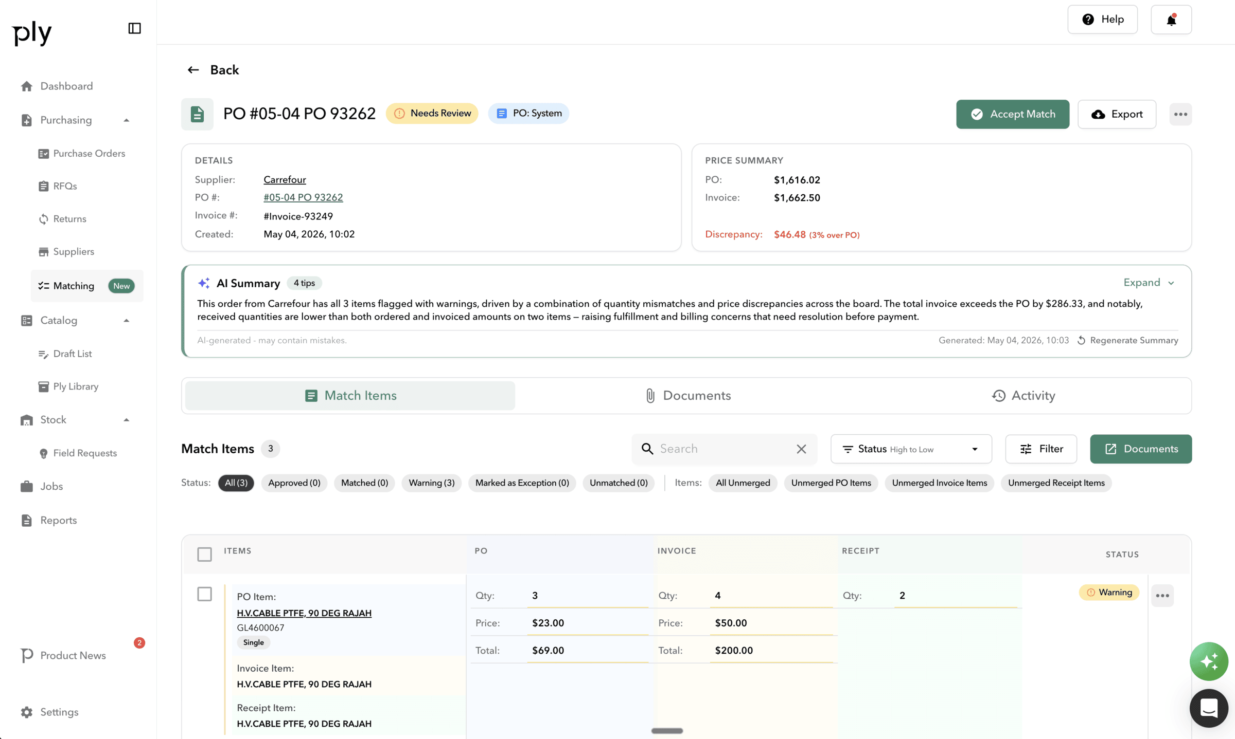 Three-way match between PO, receipt, and invoice