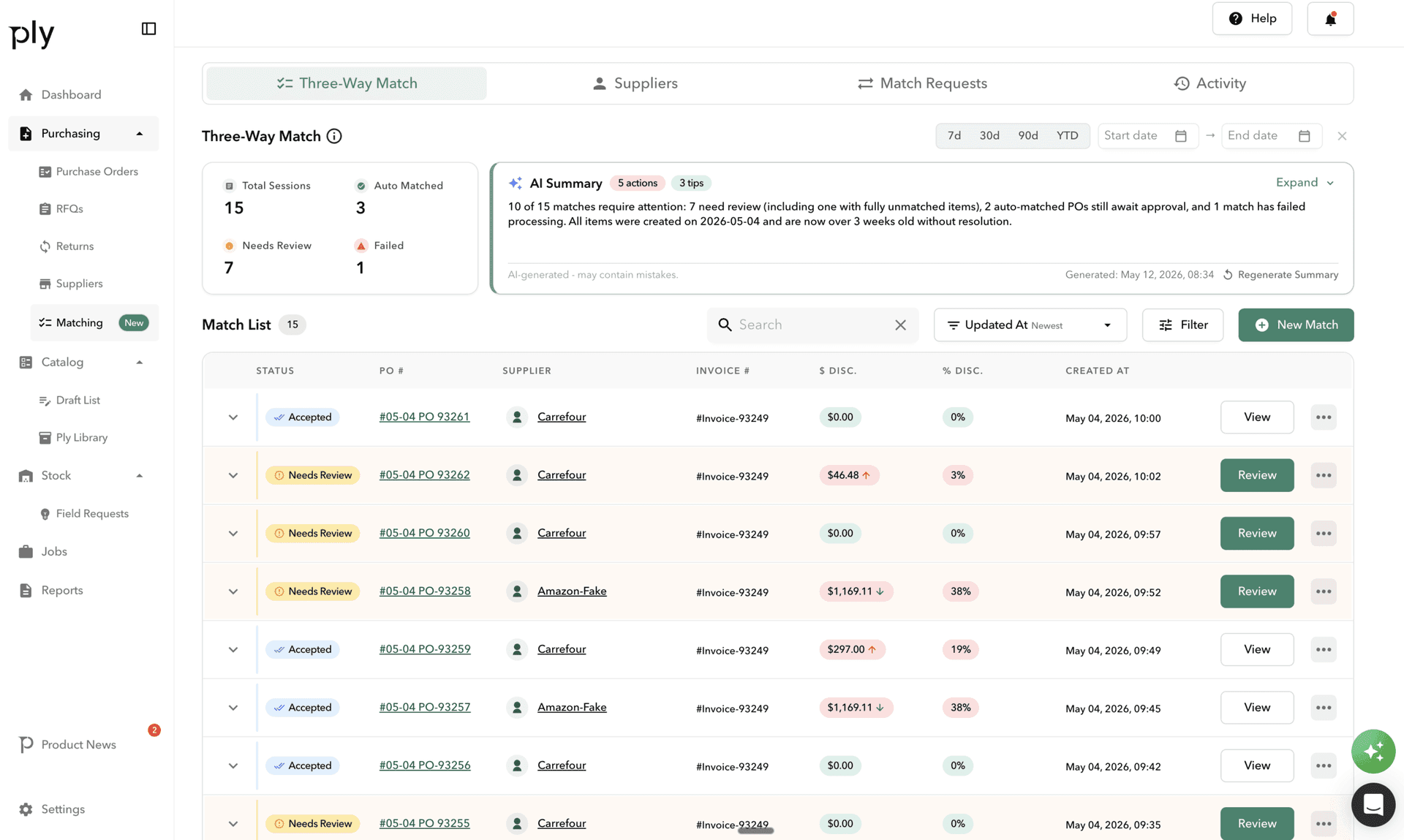 Purchase order list — 11-state lifecycle, supplier comments, status badges