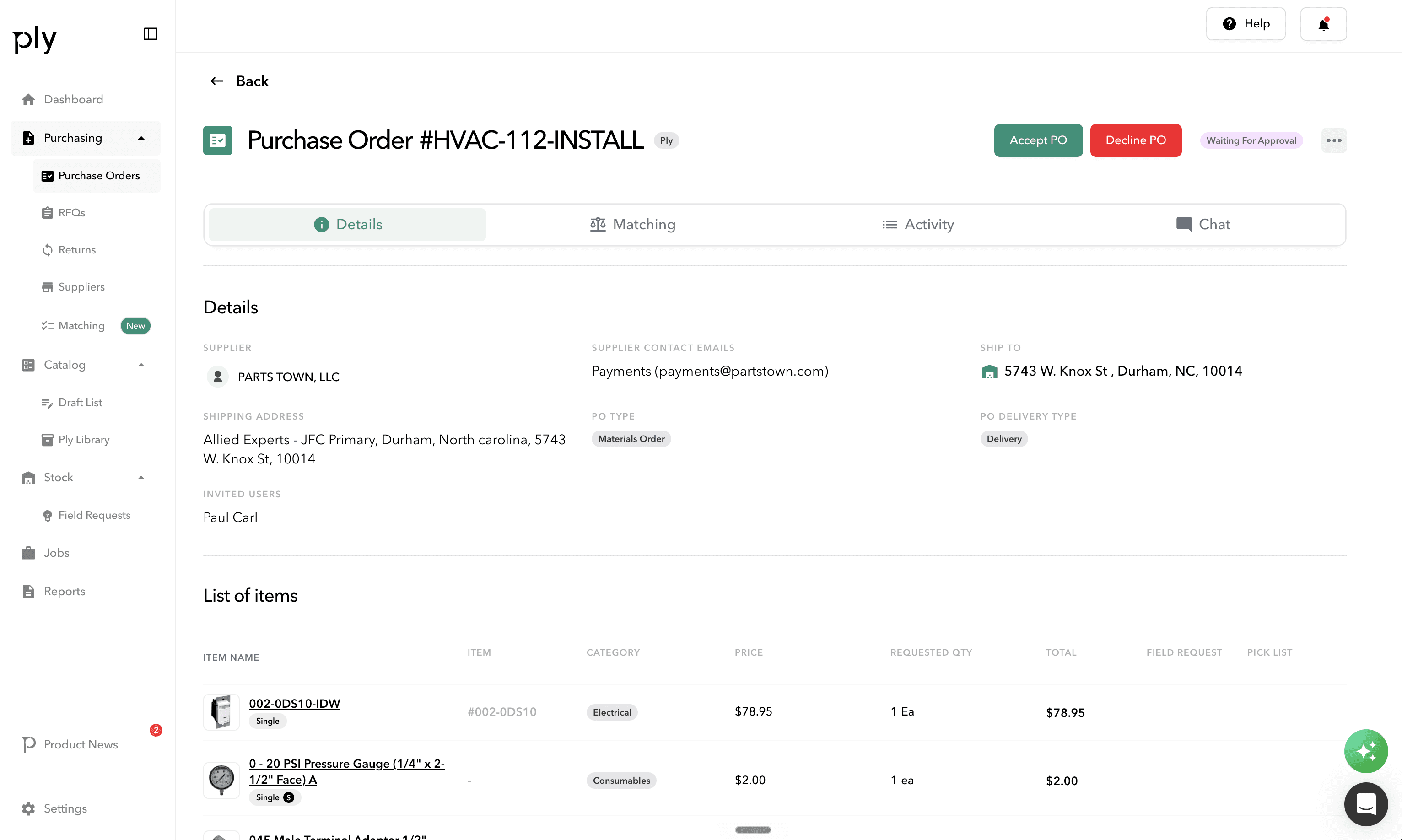Purchase orders dashboard