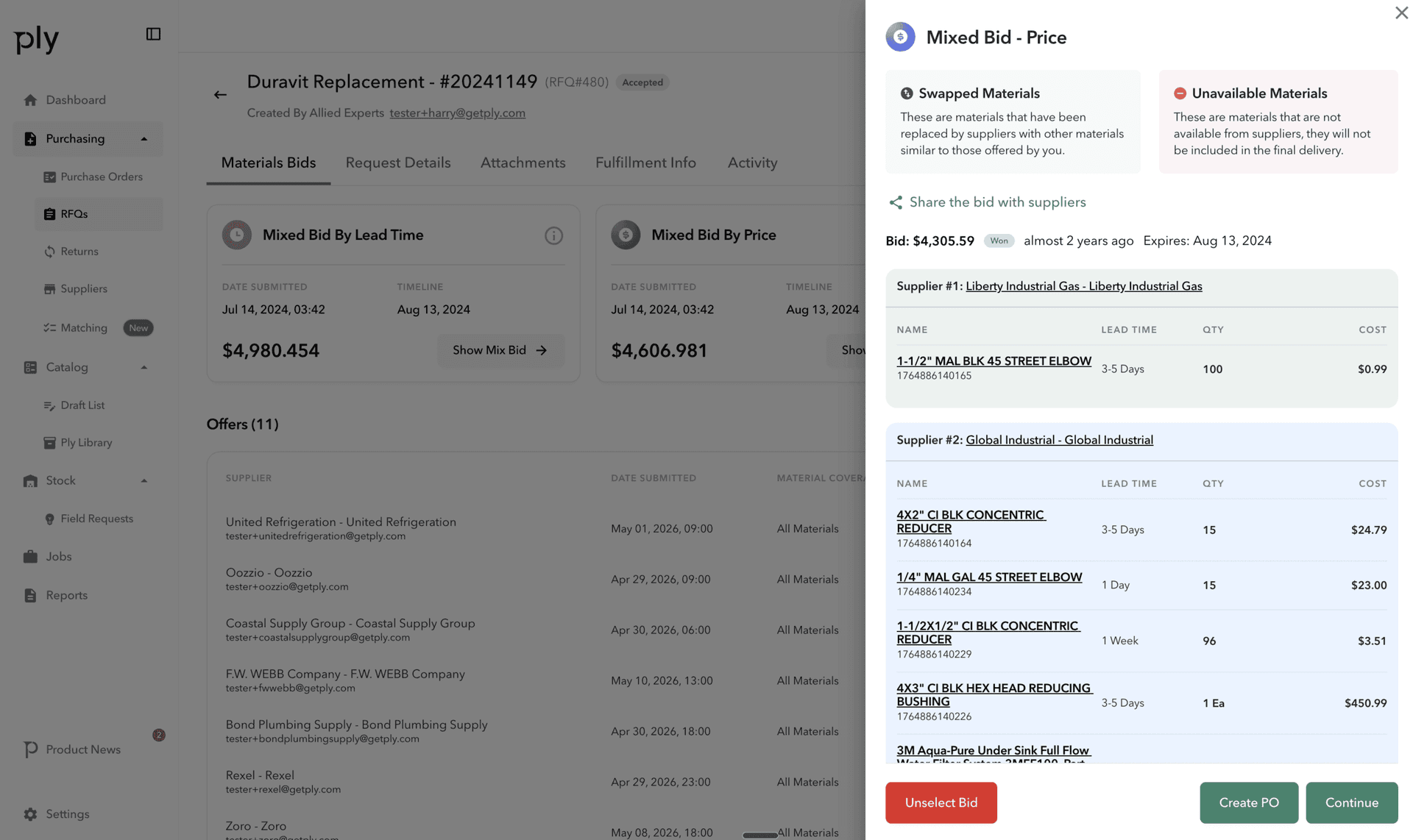 RFQ comparison — bids from 4 suppliers in a side-by-side grid